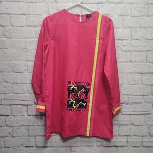 NEW Vonda Artsy Pink Tunic Blouse Size M Lightweight Abstract Pocket Long Sleeve